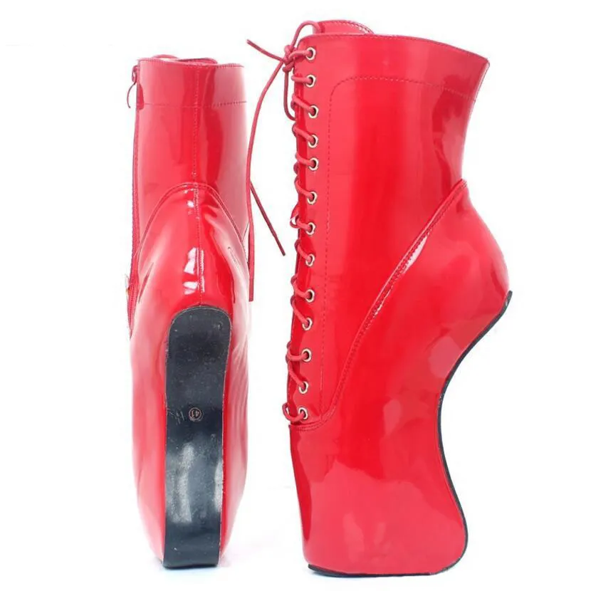 Unisexe 18 cm / 7 "talons hauts fermeture éclair croisée homme fétiche Sexy SM compensées cachées semelle de sabot Pinup Ballet noir verni bottines rouge Cosplay