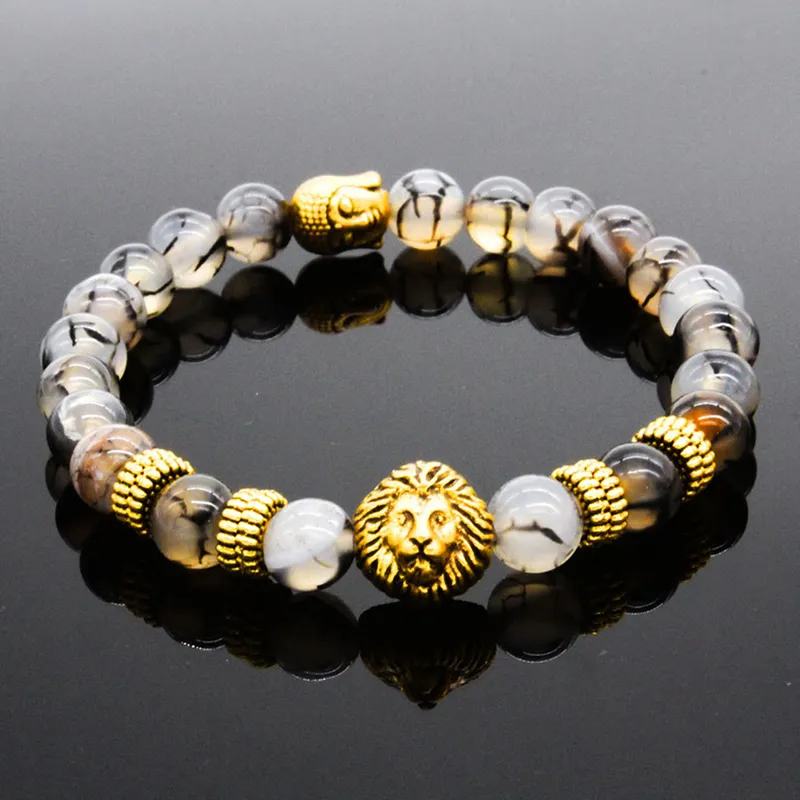 Women Men Stone Bracelets & Bangles Black Crown Lion Buddha Strand Bracelet Men Jewelry Meditation Buddha Bracelet246N