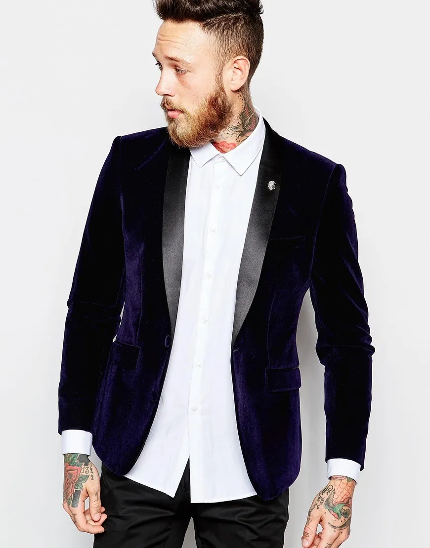 2018 New Arrival One Button Navy Blue Velvet Blazer Groomsmen Suit Prom Groom Tuxedos Mens Wedding Suits Custom Made Jacket+Pant