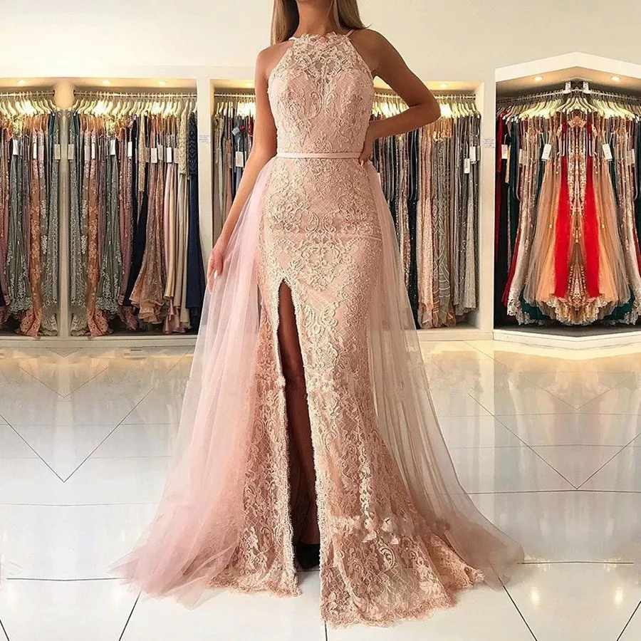 Lace Mermaid Prom Dresses Halter Sleeveless Tulle Detachable Train Split Side Floor Length Formal Evening Gowns Zipper Up