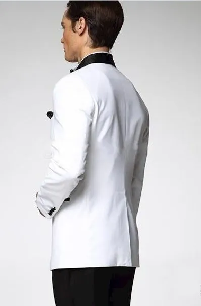 Doskonały styl Groom Tuxedos One Button Biały Szal Lapel Groomsmen Najlepszy człowiek Garnitur Męskie Garnitury Ślubne Kurtka + Spodnie + Krawat No: 1088