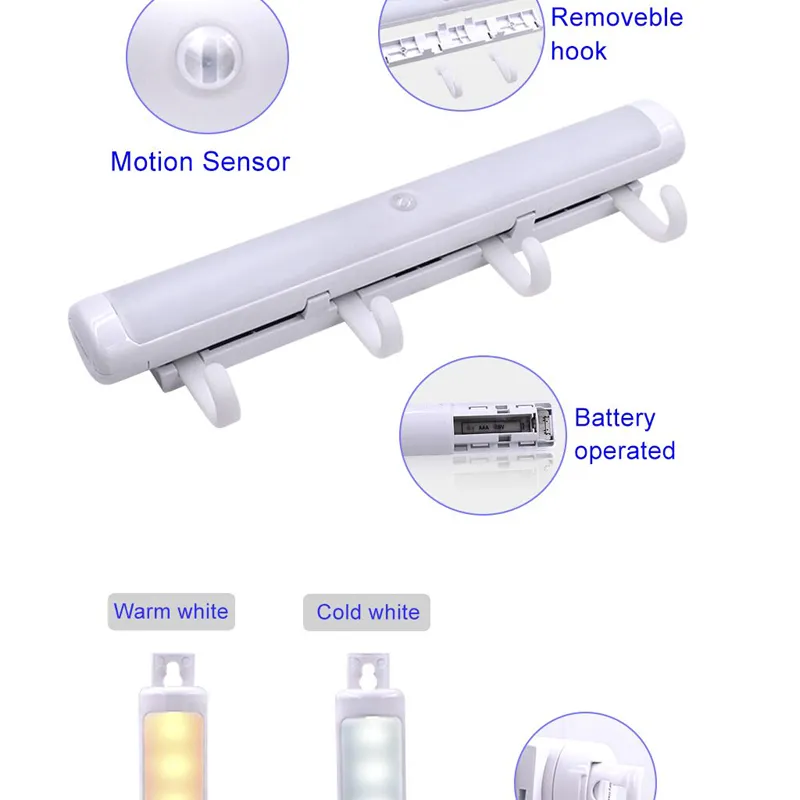 Motion Sensor LED Cabinet Light White Warm White USB Detachable Hooks Indoor Light for Wall Bathroom Hallway Stair