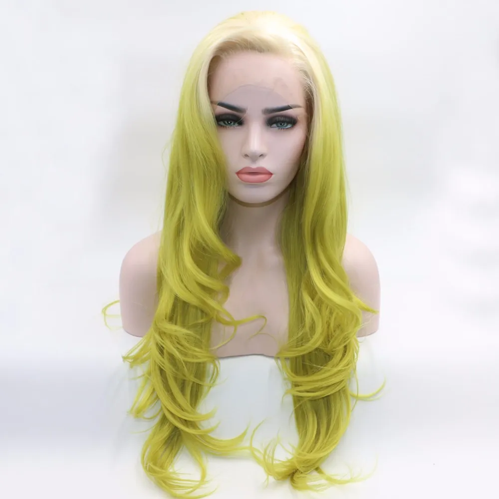 Fantasy Beauty Long Wavy Ombre Lace Front Wig White Roots Ombre Yellow Green Synthetic Heat Resistant Full Wigs