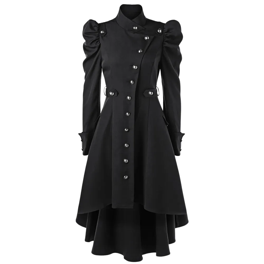 Wipalo Gothic Women Winter Puff Shoulder Button Up Dip Hem Trench Coat Fashion Stand-Up Collar High Waist Outerwear Coat XXL