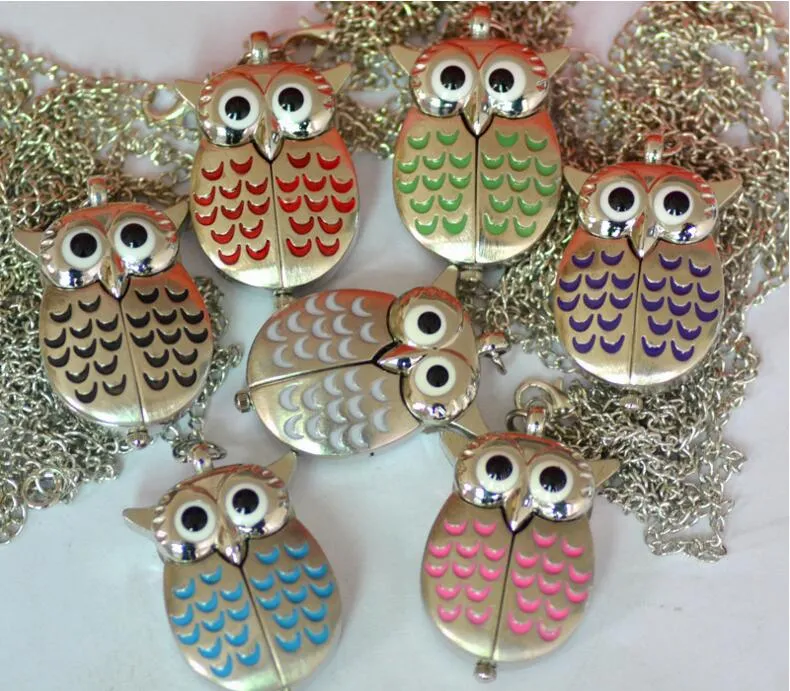 Partihandel 100st / Lot Söt Vintage Night Owl Halsband Hängsmycke Quartz Pocket Watch Necklace Owl Klockor pw008