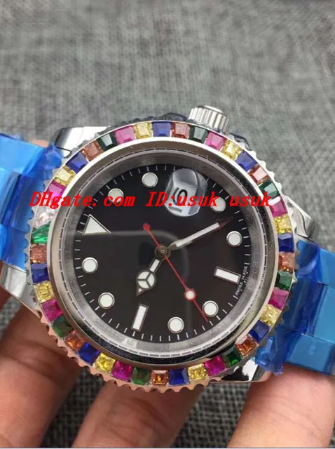 Роскошные часы Rainbow Diamond 116695Sats Новое в Box Black Dial Стальной браслет автоматический модный бренд сапфир светящиеся мужские часы.