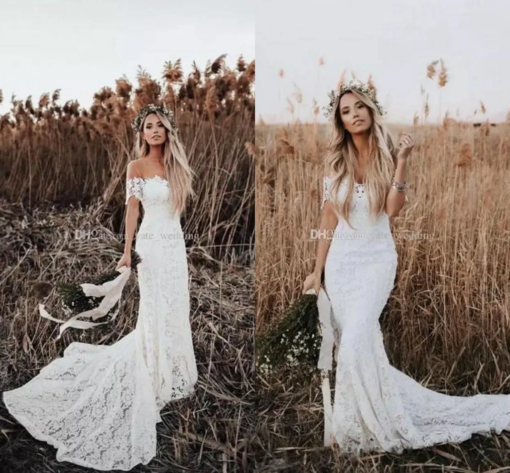 2019 Eleganti abiti da sposa a sirena Boho con spalle scoperte maniche corte abiti da sposa in pizzo pieno abiti da sposa lunghi economici