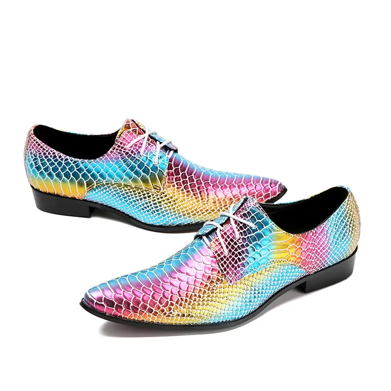 Men Derby Shoes Leather Shoes Fashion Pointed Toe Rainbow Python Snake ...
