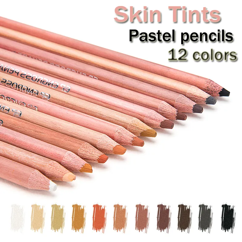 12ピースの手描きの柔らかい鉛筆ウッドの肌の肌の肌の色合いのパステル色鉛筆描画学校の根元石の鉛筆ペン