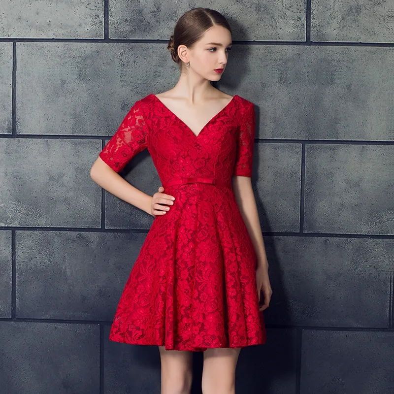 New Red Lace Deep V-Neck Formal Evening Dresses Short Fashion Halter Strap Small Dress Prom Party Dresses HY068