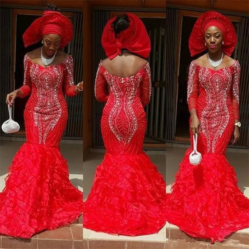 Red African Evening Dresses Off Shoulder 3/4 Long Sleeves Crystal Beading Tiered Sheath Mermaid Custom Veatido Muslims Prom Party Gowns