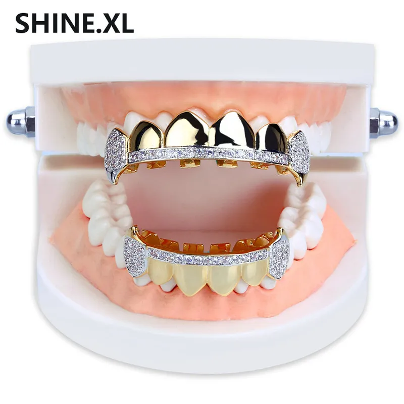 Hip Hop Grills Dentes Caps boca para fora congelado Micro Pave CZ Stone Superior e Inferior Tooth vampiro Grills Gift Set partido