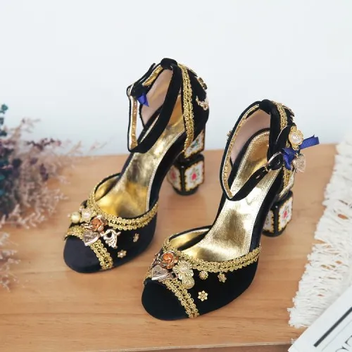Bohemia Ethnic Sandals Rhinestone Heel Peep toe Fashion Wedding Court Shoes Pumps Woman