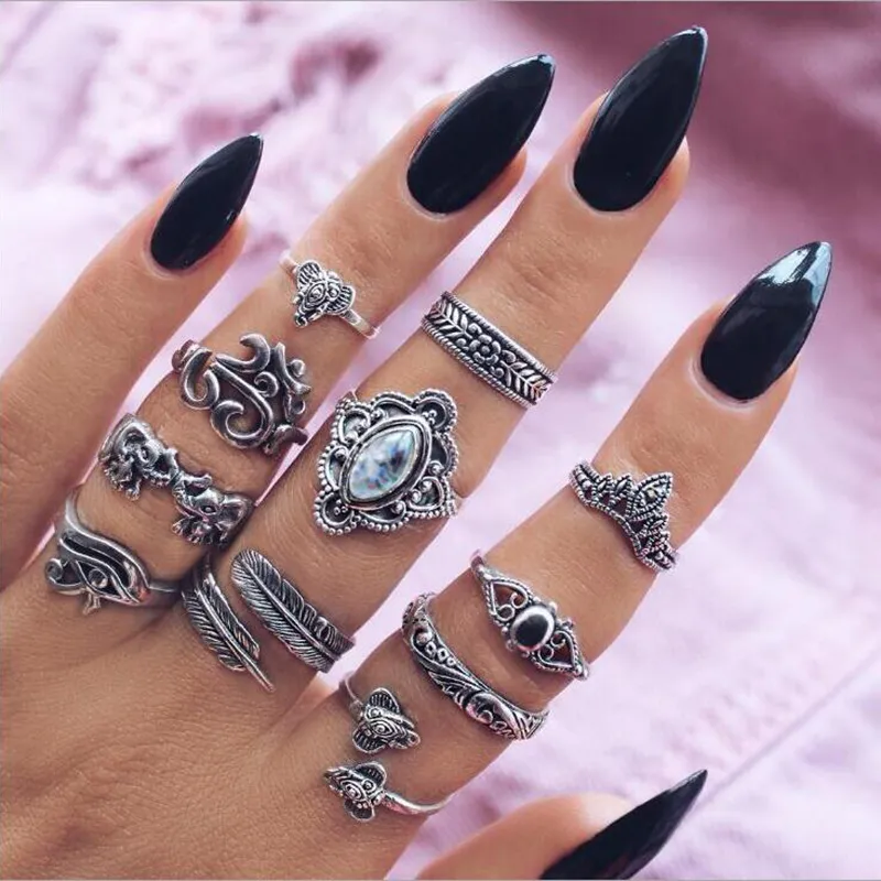 10Set Vintage Knuckle Ringar för Kvinnor Boho Geometrisk Flower Crystal Ring Set Bohemian Midi Finger Smycken Bague Femme