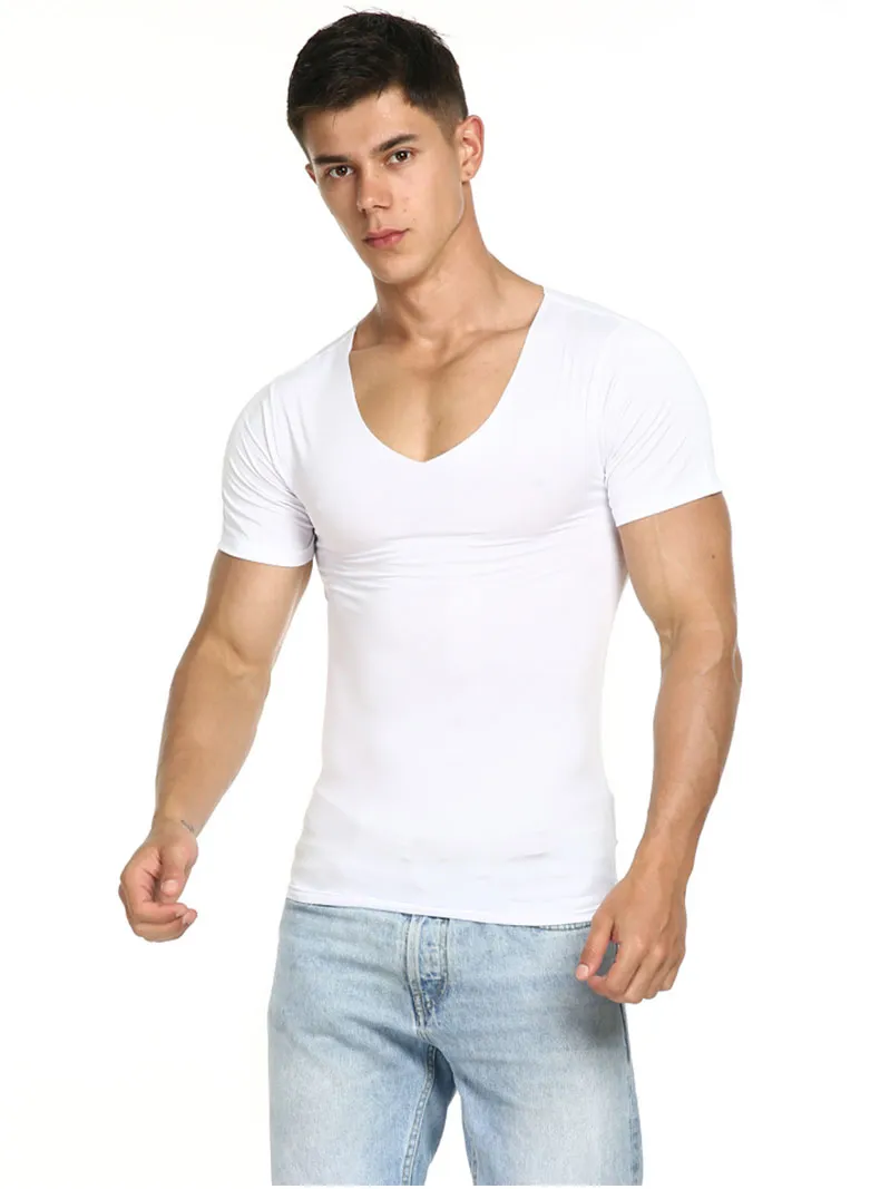 Summer Cotton Tee Short Sleeve T-shirt Male Seamless V collar Slim T-shirt Youth Tight Bottom Shirt