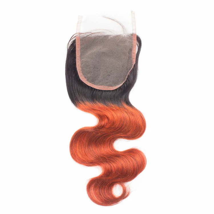 Fasci di capelli umani arancioni Ombre brasiliani 3 fasci con chiusura Body Wave 1B / 350 Offerte di fasci di capelli umani Ombre arancioni con chiusura in pizzo 4x4