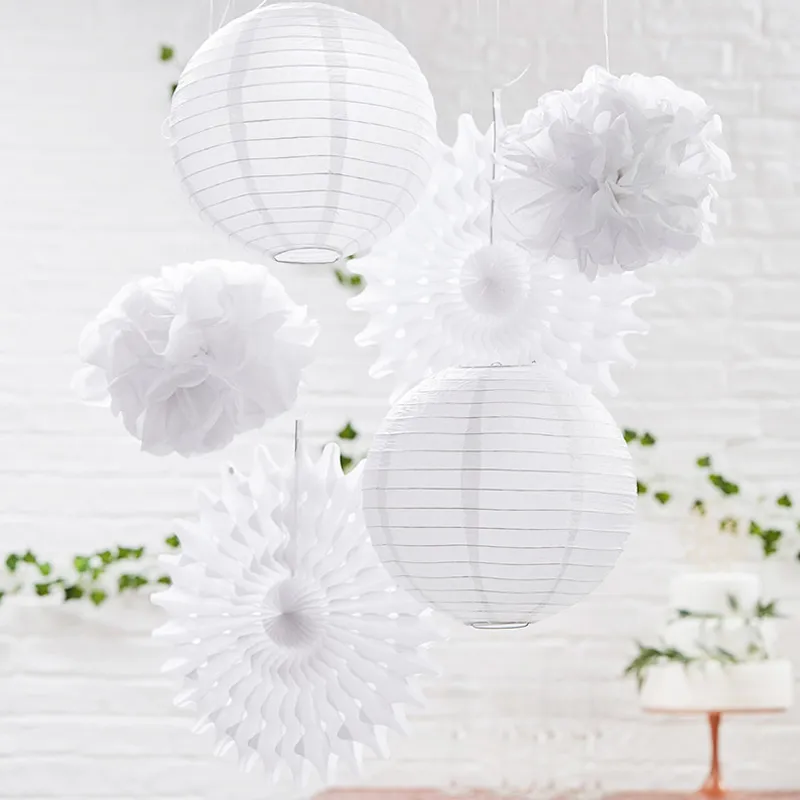 White Paper Lanterns Fans Tissue Flower Balls Wedding Decoration Chinese Lamps Home Party Garden Wedding Decor