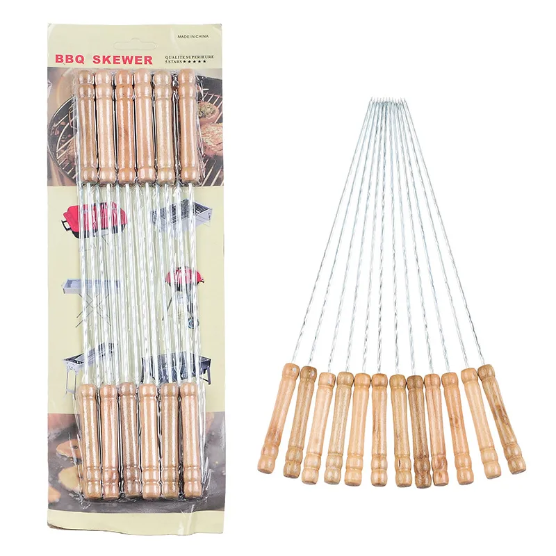 12 stks / set Kabob Spiesjes Houten Handvat Rvs BBQ Tools Skewer Barbecue Grilling Accessoires Herbruikbare Marshmallow Roosting Sticks Set 12 inches