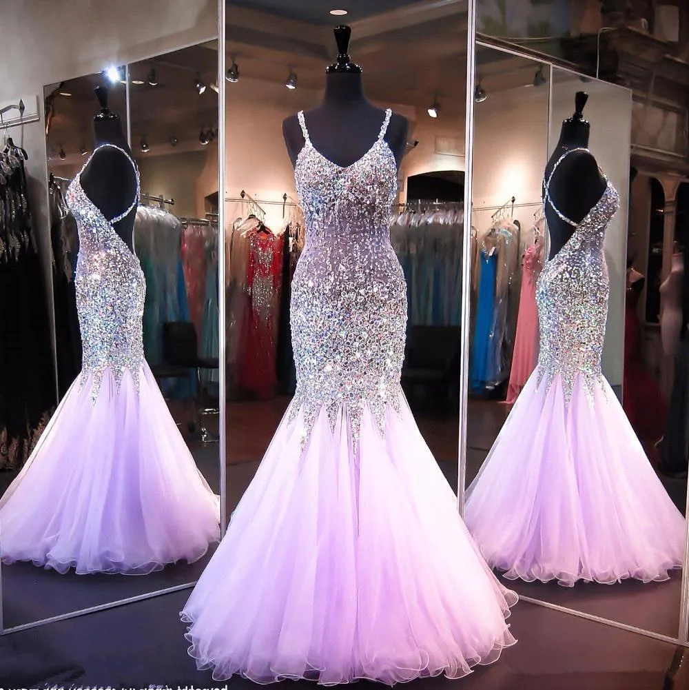 Latest Light Purple Mermaid Long Prom Dresses Beaded Crystal Special Occasion Dresses Criss Cross Back Evening Gown Fiesta HY0633