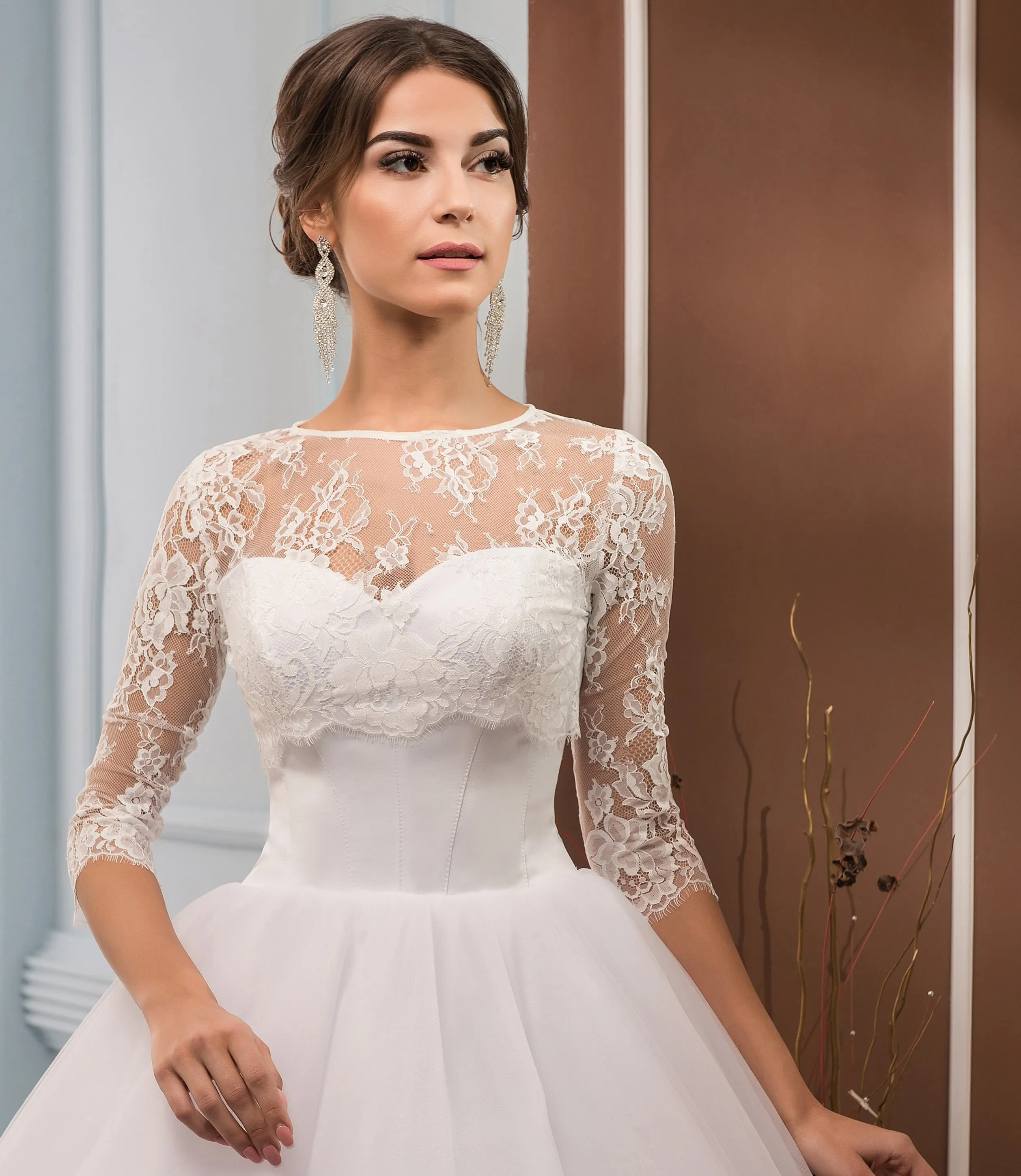 Moda Dantel Ceket Gelin Aksesuarları Yarım Kollu Sarar Jewel Boyun Kılıf Bolero Gelinlik Için Özel Yapılan Gerçek Görüntü