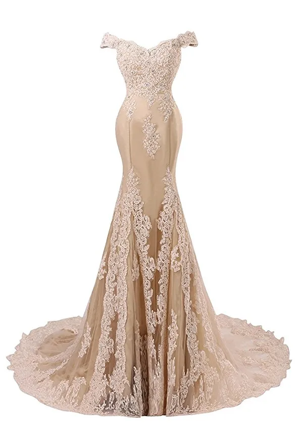 Real Designer Champagne sereia laço Vestidos 2020 Off the Shoulder muito tempo fez Prom Dresses Partido personalizado formal Vestidos sexy Vestidos EUA