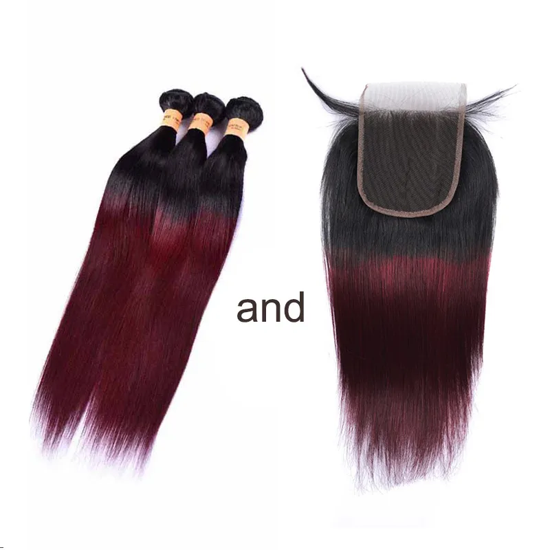 Brazilian Ombre Burgundy Human Hair Bundles With Closure Colored 1B/99J Brazilian Straight Virgin Hair Weave Extensions With Lace Closure