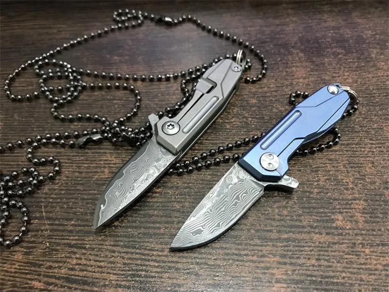 Mini Keychain Folding Knife Damascus Steel Blade TC4 Titanium Alloy Handle Small Necklace Fold Knives