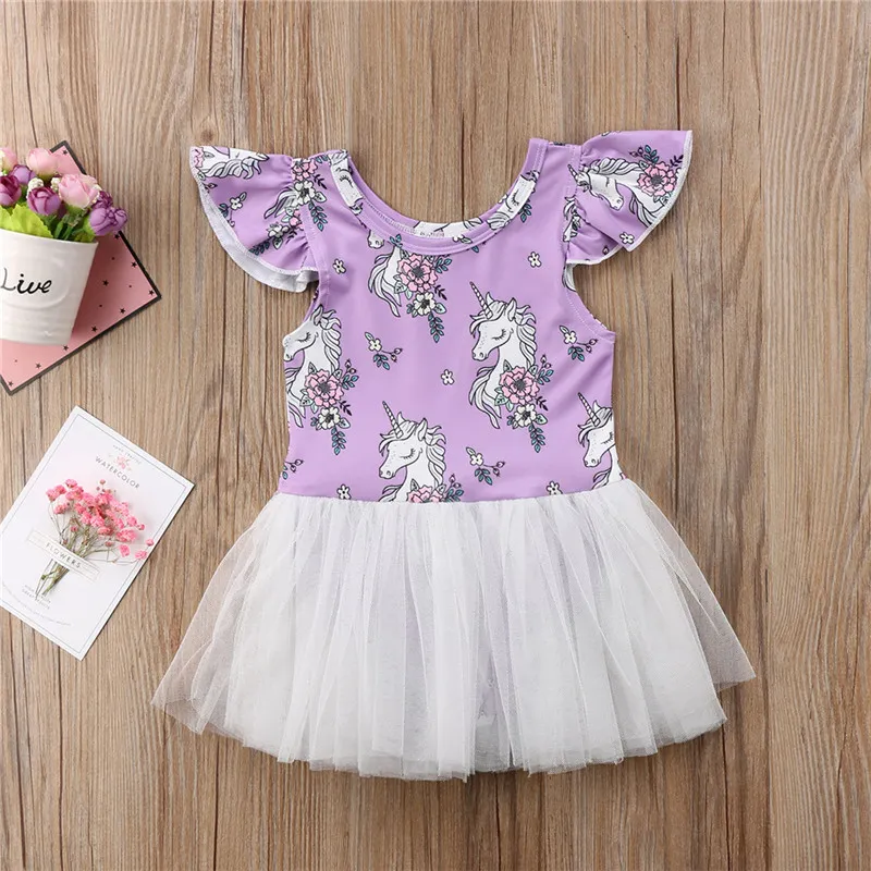 2018 New Unicorn Baby Girl Dresses Toddler Girl Clothes Summer Fly Sleeve Floral Tutu Tulle Romper Mini Dresses Kids Boutique Clothing 1-5Y