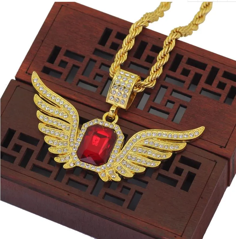 top necklace gift God Angel Wings with Big Red Stone Pendant Necklace Men Women Iced Out Jewelry2416721