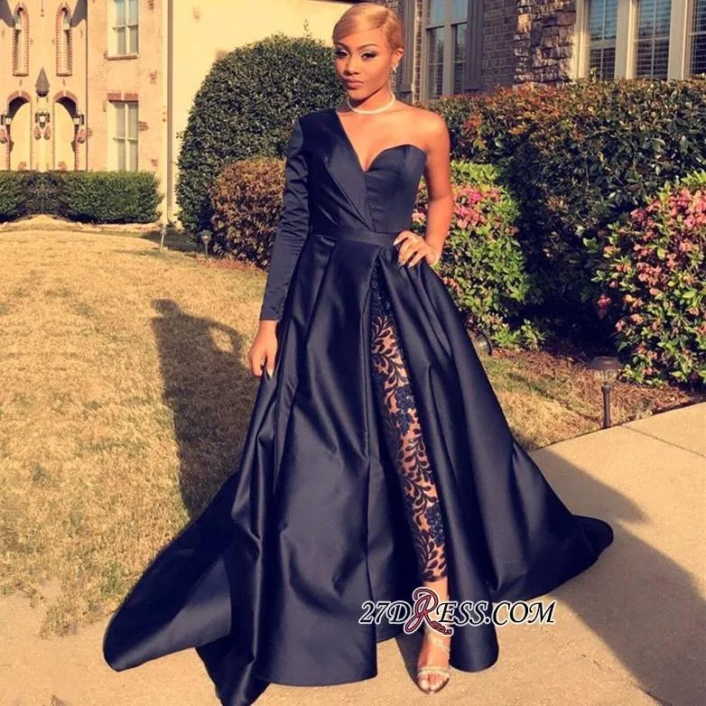 Formal Navy Lace Ball Gown Evening Dresses Beaded Sweetheart Sweep Train One Shoulder Prom High Quality Evening Gowns BC0282