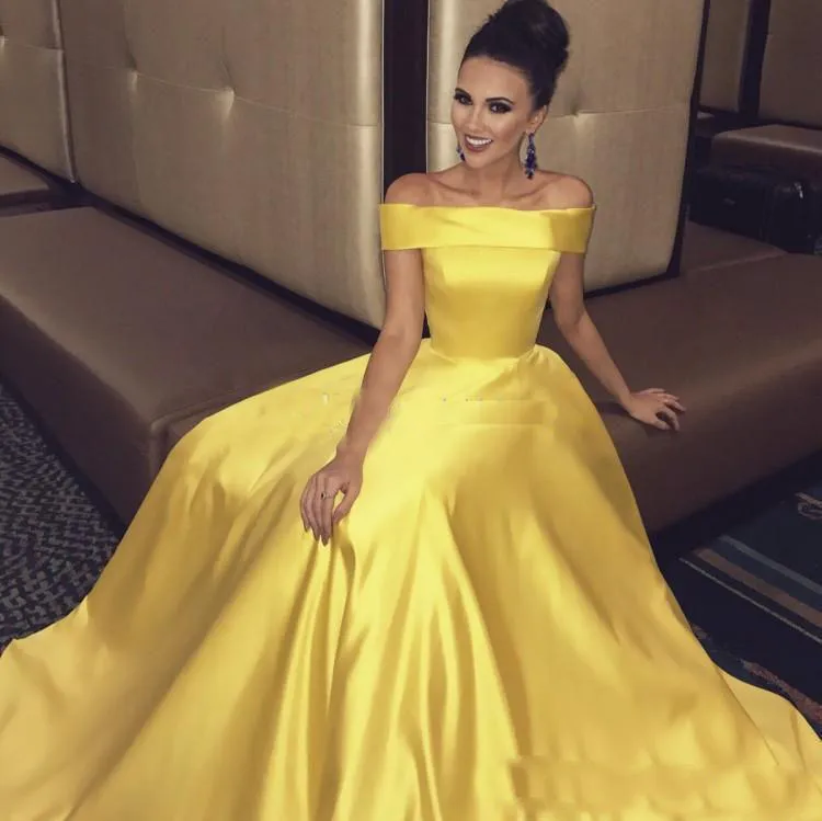Vestidos de fiesta largos elegantes y sencillos, amarillos, una línea Satin Bateau, tren de barrido, vestidos Vestidos de fiesta largos elegantes y sencillos, amarillos, una línea Satin Bateau, tren de barrido, vestidos