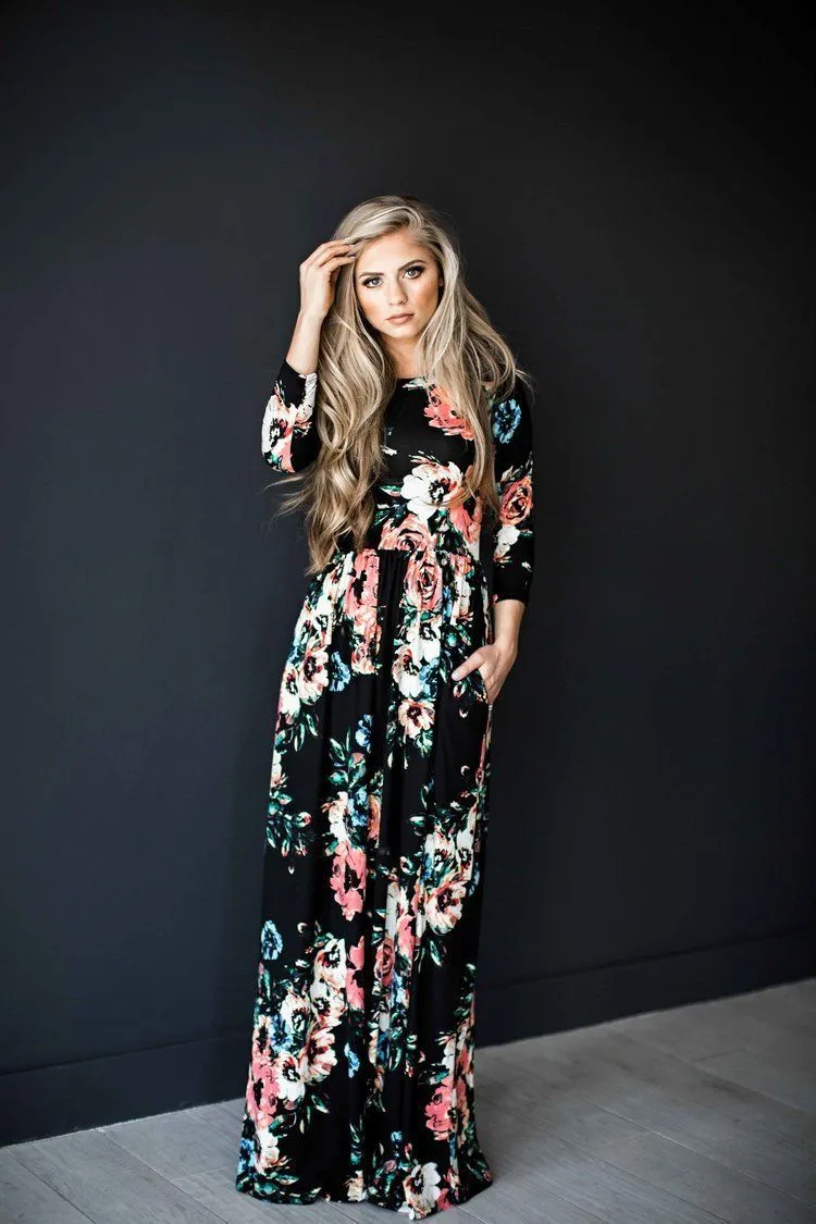 Moda Yaz Avrupa ve Amerika Yeni Kadın Fullgth Party Elbiseler Roolneck Uzun Kollu Uzun Foral Elbise En İyi Kalite8539991