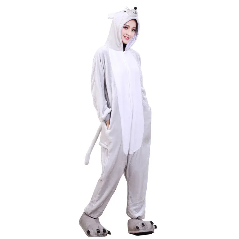 Adult Onesie Mouse Cartoon Animal Pajama Unisex Men Women Pyjama Gray Party Jumpsuit Soft Warm Flannel Funny Sleep Wear Winter