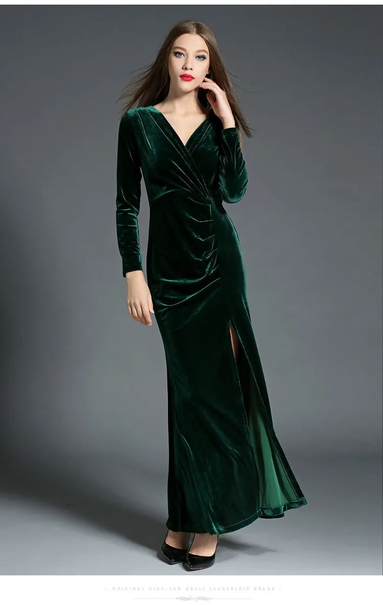 Burgundy Velvet Dresses Party Evening Sexy Side Slit Long Sleeves Prom Dress Ankle Length Plus Size Formal Gowns6661836