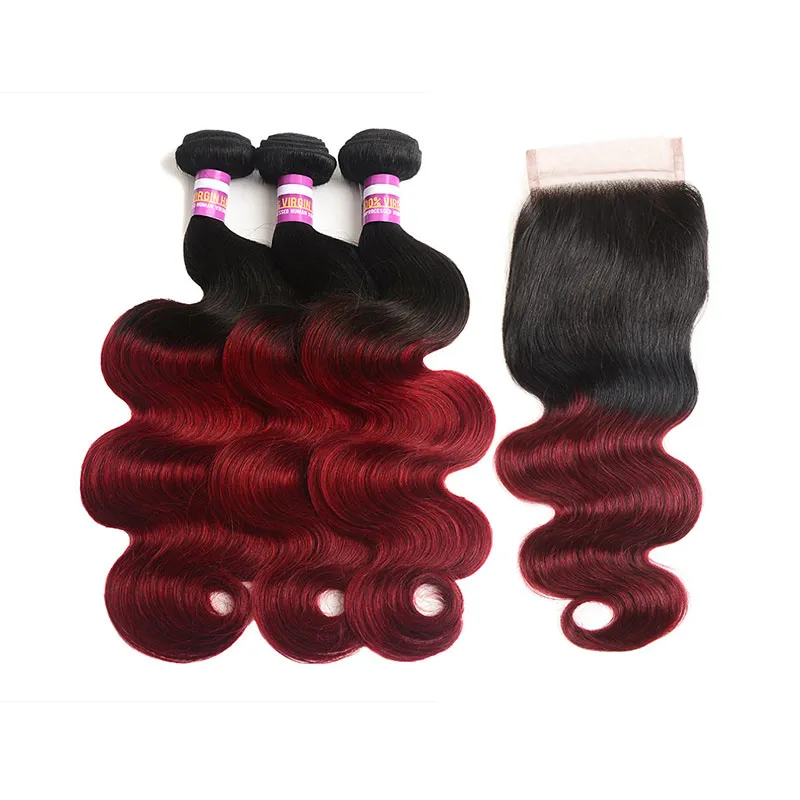 Cheveux brésiliens ombrés ondulés, lots de 3 avec fermeture en dentelle, deux tons 1B/99J #, couleur bordeaux