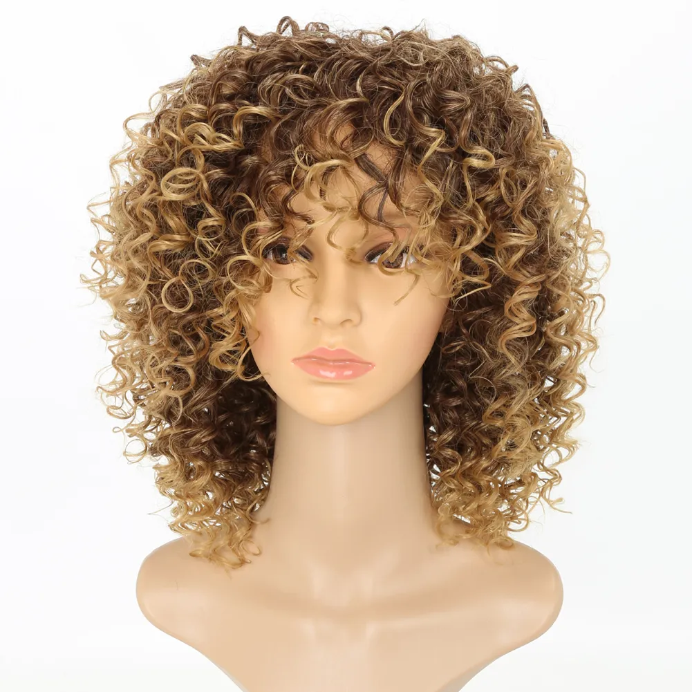 Court Afro Bouclés Perruque Avec Une Frange Pour Les Femmes Ombre Blonde  Crépus Bouclés Perruque De Cheveux Afro Synthétique Pleine Perruques 12  Pouce