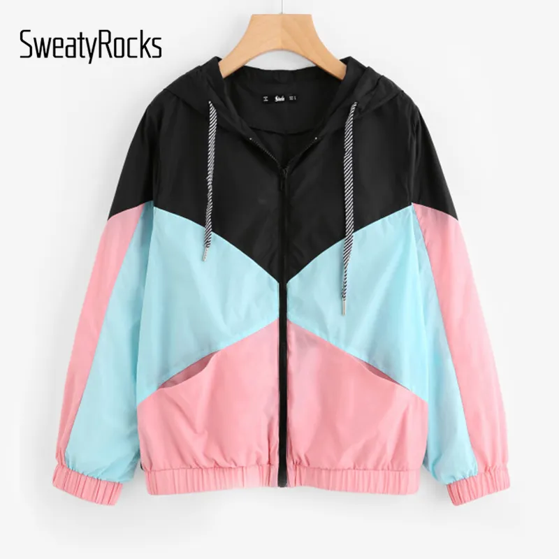 SweatyRocks Woman Winter Coats and Jackets Multicolor Cut and Sew Hooded Windbreaker Jacket Color Block Coats for Women L18101001