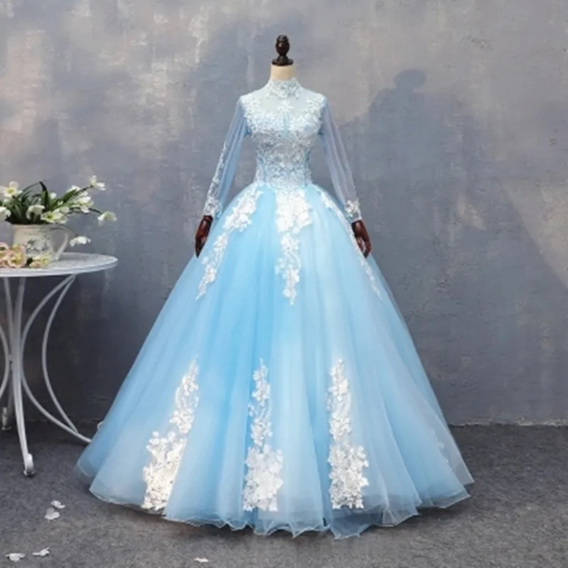 2018 Nowa Księżniczka Z Długim Rękawem Wysokiej Neck Aplikacje Frezowanie Suknia Ball Quinceanera Suknie Sweet 16 Dresses Debiutante 15-letnia sukienka imprezowa BQ55