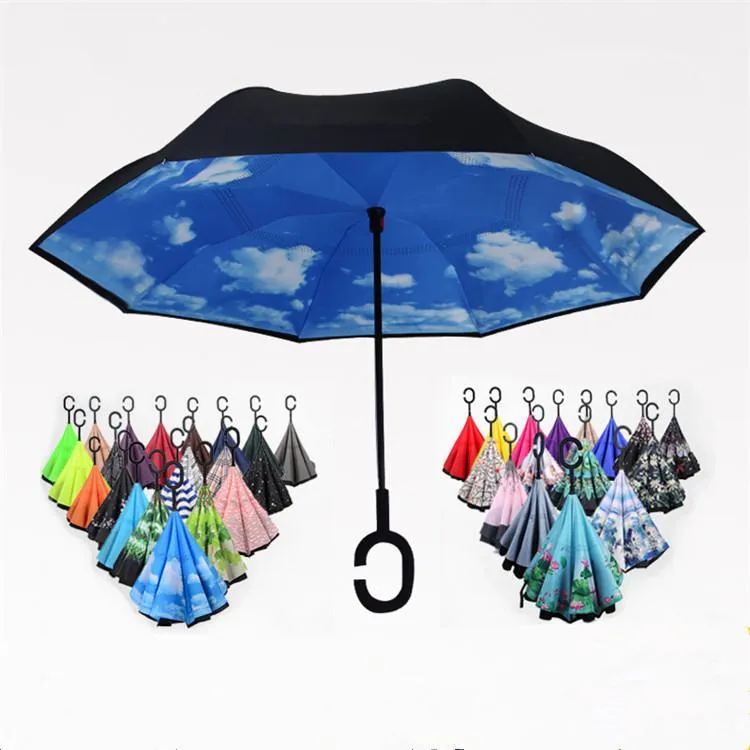 Hot Folding Reverse Umbrella 63 Styles Double Layer Inverted Long Handle Windproof Rain Car Umbrellas C Handles UmbrellasT2I384