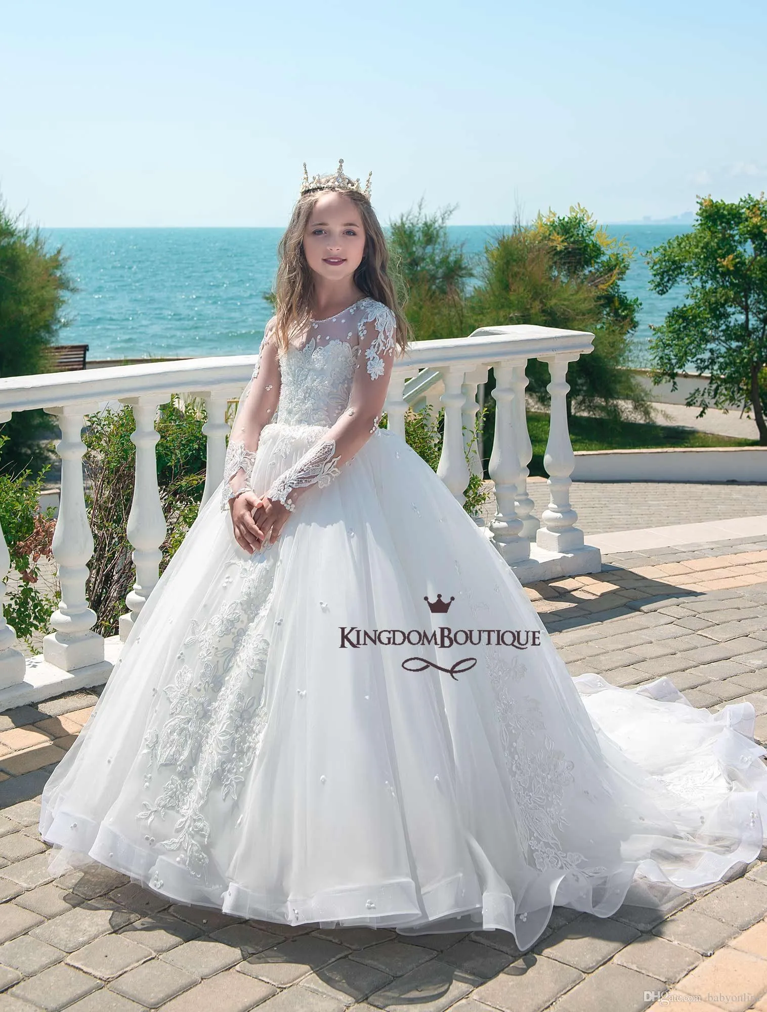 Santo branco princesa vestido de baile vestidos da menina flor pura mangas compridas apliques frisado luxo meninas vestidos formais festa verão 335r