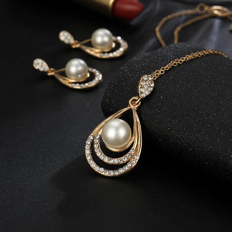 Fashion Gold Color Water Drop Simulated Pearl Crystal Necklace Stud Earrings Jewelry Set for Women Party Wedding Jewellery
