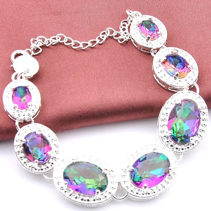 Luckyshine Hot Sell Fashion 925 Sterling Silver Plated Oval Charm Armband Multi-Colored Mystic Topaz Gemstone Infinity Bracelets Smycken