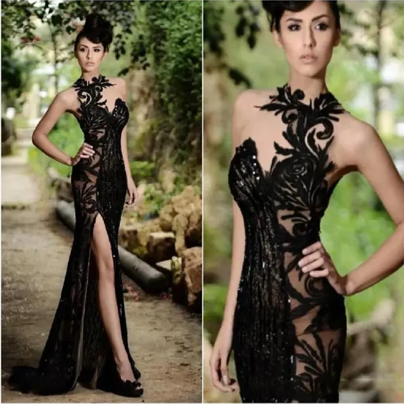 Atemberaubende schwarze sexy Ballkleider mit Beinschlitz, lange Maxi-Kleider, Gast-Sex-Abschlussball-Partykleid, Vestidos, Neckholder-Frauen-Partykleid nach Maß