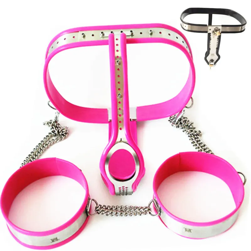 Female Chastity Belts Adjustable Waist T-type Stainless Steel Removable Chastity Pants+Thigh Rings Bondage Sex Toys for Women G7-5-46A