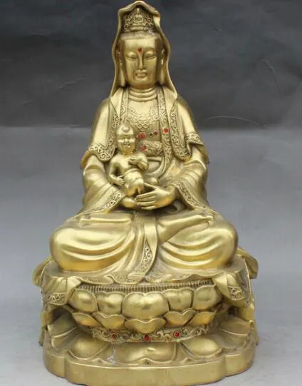 15 "China Budismo Templo de Bronze Ore Kid Guan Yin Kwan-yin Deusa Estátua de Buda