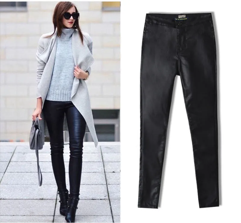 Pantalon en cuir PU pour femme Punk Motor Pantalon crayon skinny noir Tissu en denim enduit XXL Leggings super stretch grande taille