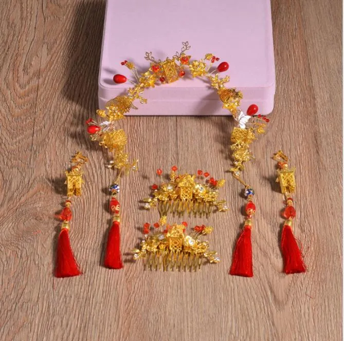 Costume de style nouveau, couvre-chef de mariée, accessoires pour cheveux chinois, ornements rouges de mariage, robe, dragon, Phoenix et accessoires de robe.
