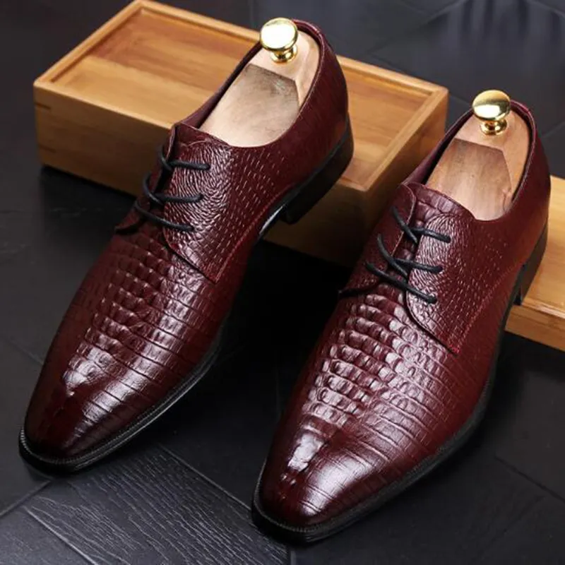 New Fashion Casual Mens Dress Shoes Genuine Leather Crocodile Lace
