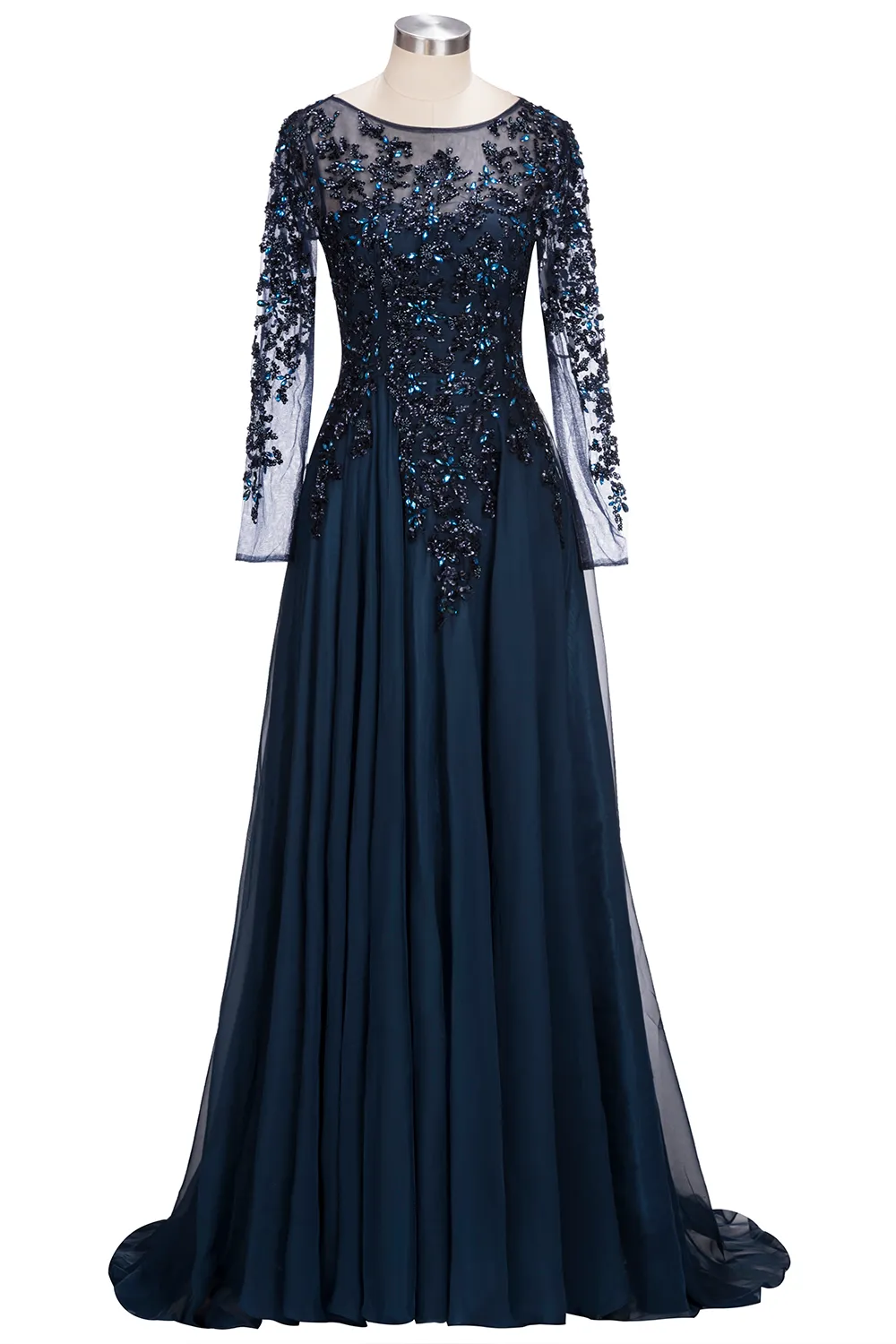 Navy Blue Sheer Long Sleeves Chiffon Mother Of The Bride Dresses Beaded Stones Floor Length Formal Party Evening Dresses BA91351405234