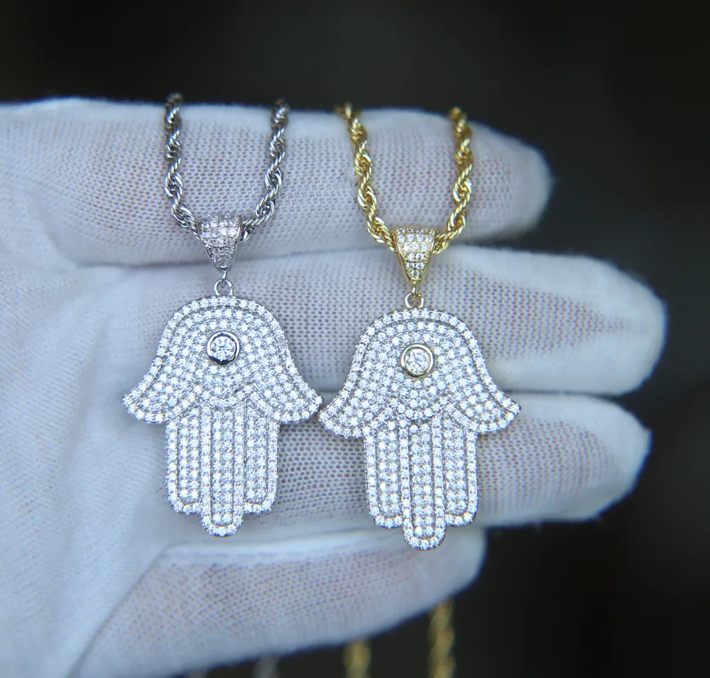 Hip-Hop-Bling-Schmuck Iced Out Cool Boy Herren-Halskette Hamsa-Hand-Anhänger Gold versilbert CZ Zirkonia Bling Hip-Hop-Halskette für Männer